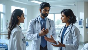  A professional Bengali interpreter assisting communication between a doctor and a Bengali-speaking patient.
