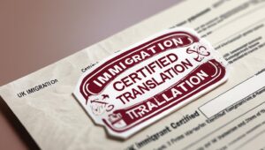Certified translation stamp next to UK immigration application form