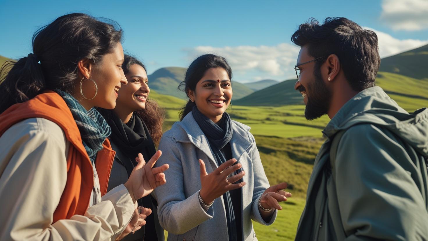 Multicultural group in Scotland with a person speaking Bangla