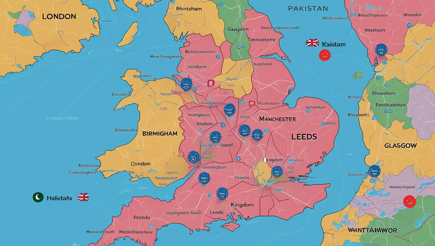 Map of the UK highlighting cities offering Urdu to English translation