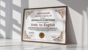 Translator assisting client with Urdu to English certified translation in Birmingham office