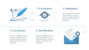 Visual representation of certified translation process with documents, stamps, and UK flag