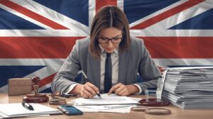  Illustration of a translator reviewing official documents for a UK visa application. 