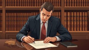 Professional translator working on UK legal documents at a desk with law books in the background