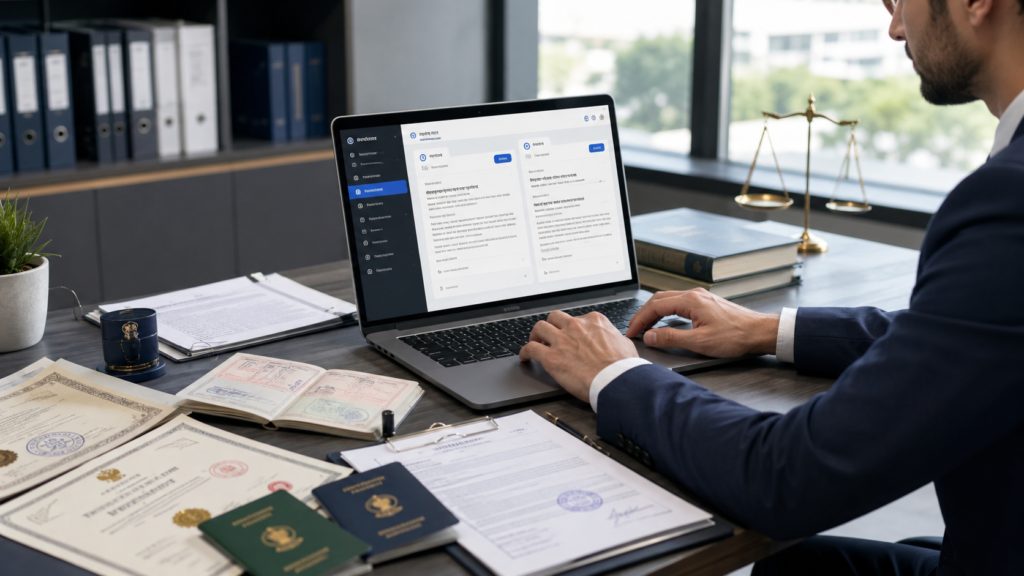 Certified document translation with official papers and laptop