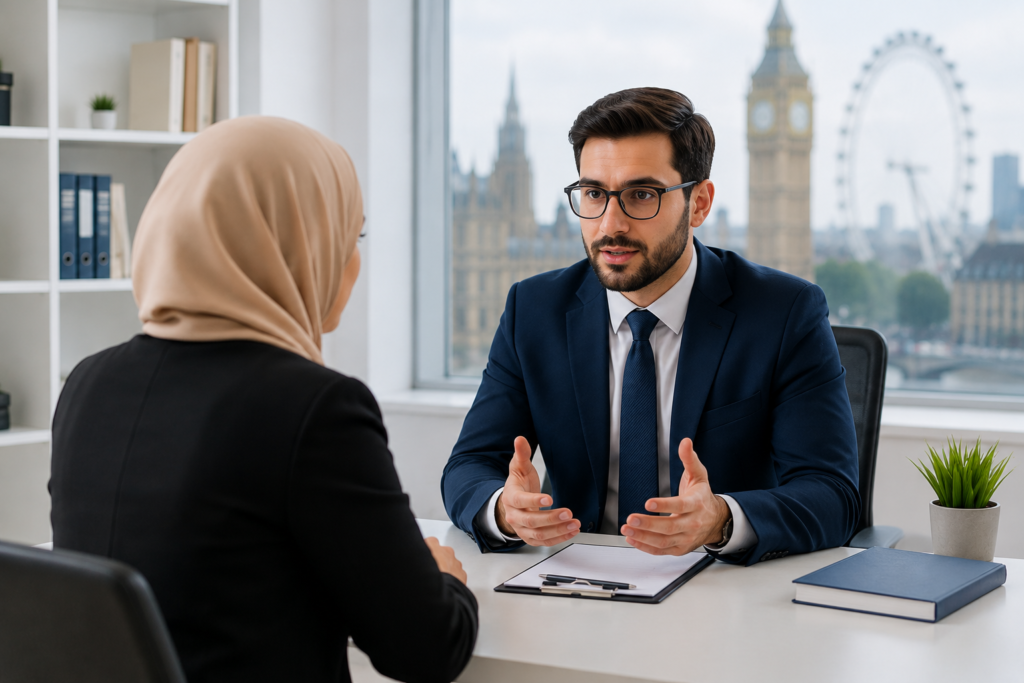 Professional Arabic interpreter UK assisting a client during a meeting