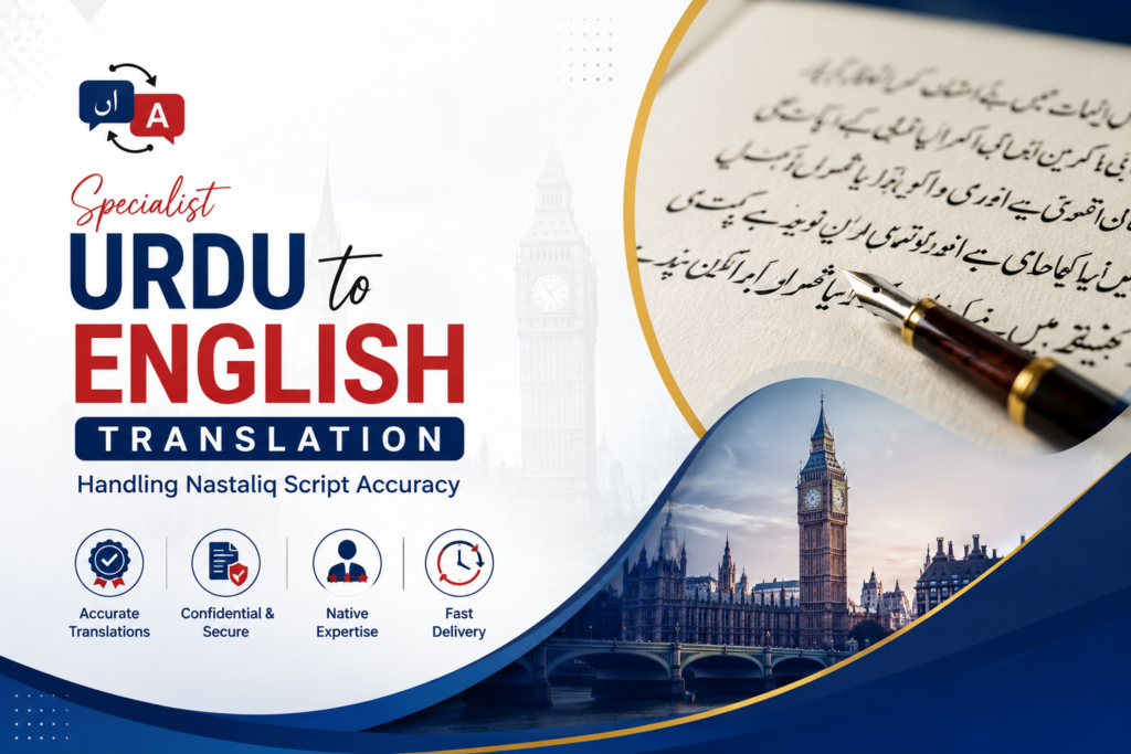 Specialist Urdu to English translation handling Nastaliq script accuracy