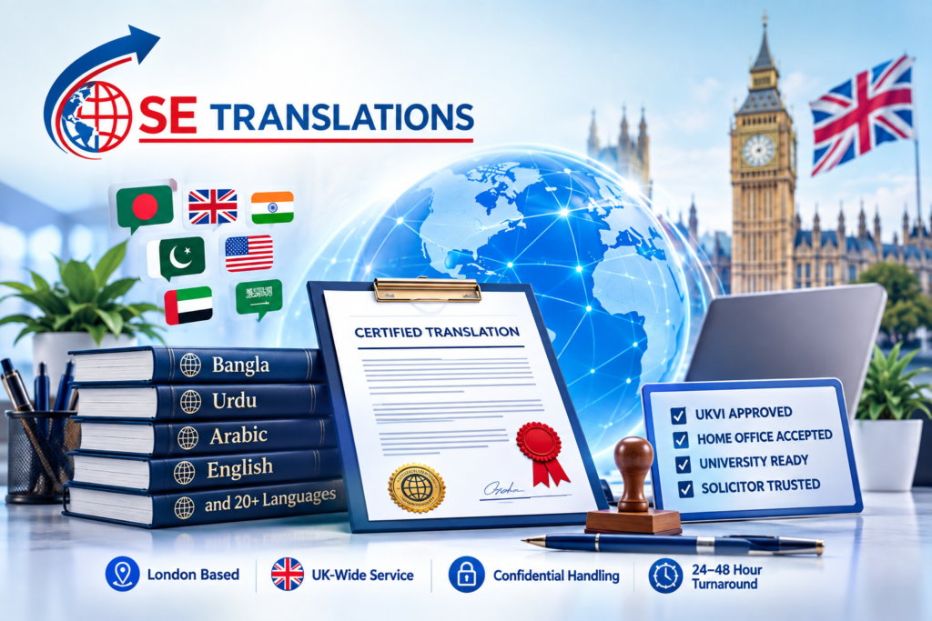 SE Translations certified translation services in Bangla, Urdu, Arabic and 20+ languages across the UK
