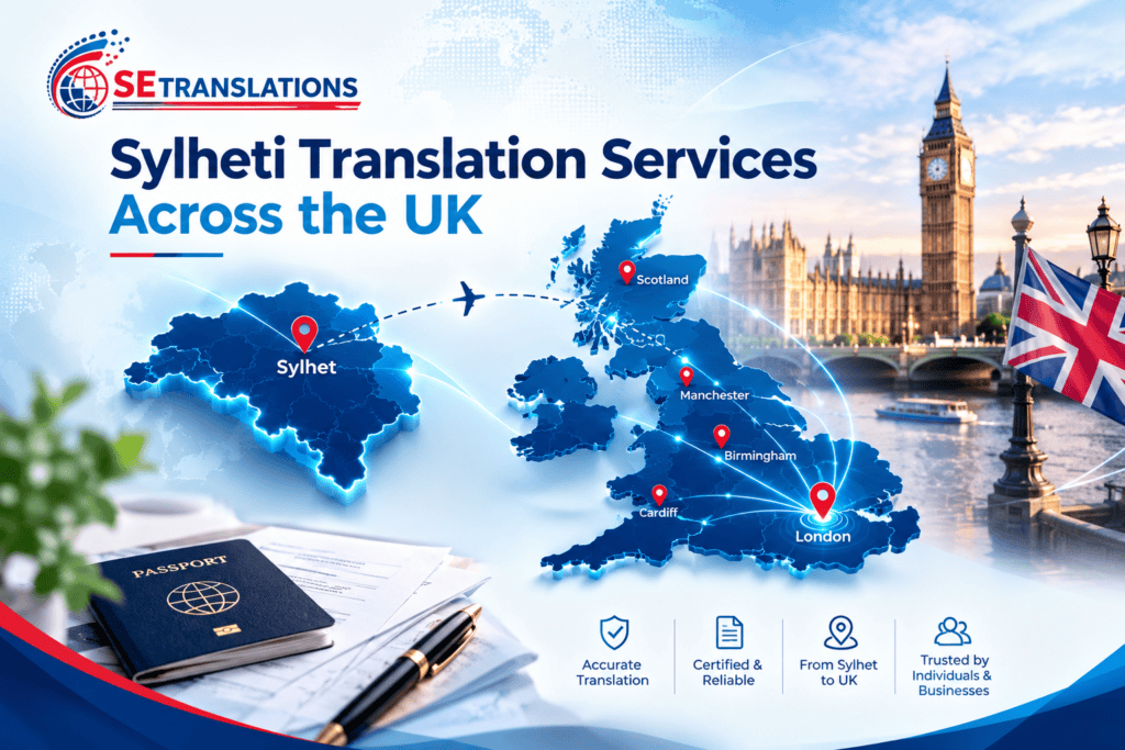 Sylheti Translation Services Across the UK โ SE Translations map from Sylhet to London and UK cities